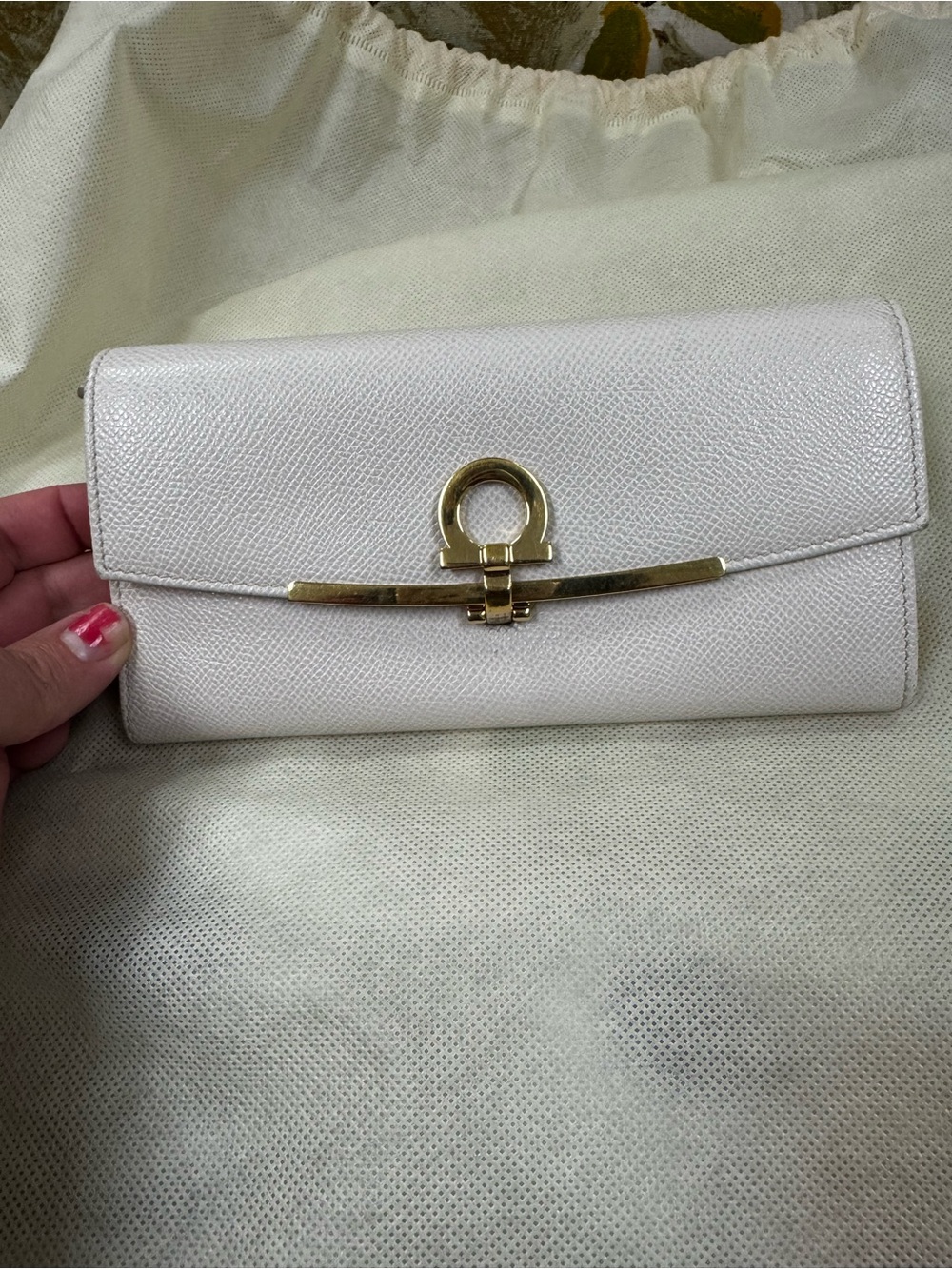 Salvatore Ferragamo White Leather Wallet with Gold Hardware and Chain